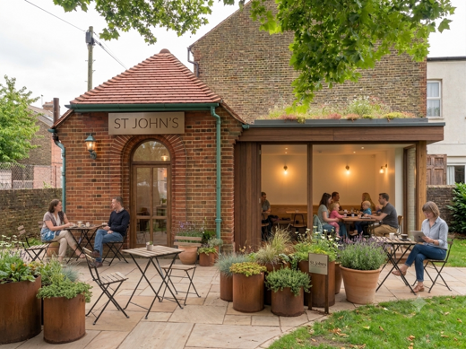 visualisation of a potential permanent future cafe and community hub in the derelict toilet block